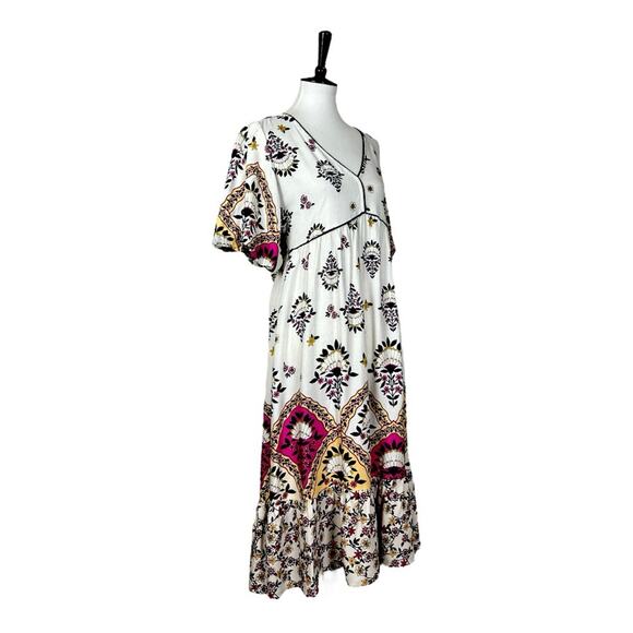 Fig + Flower New Midi Dress V-neck Puff Sleeve Cream Multi Women’s Size Small - Picture 2 of 13